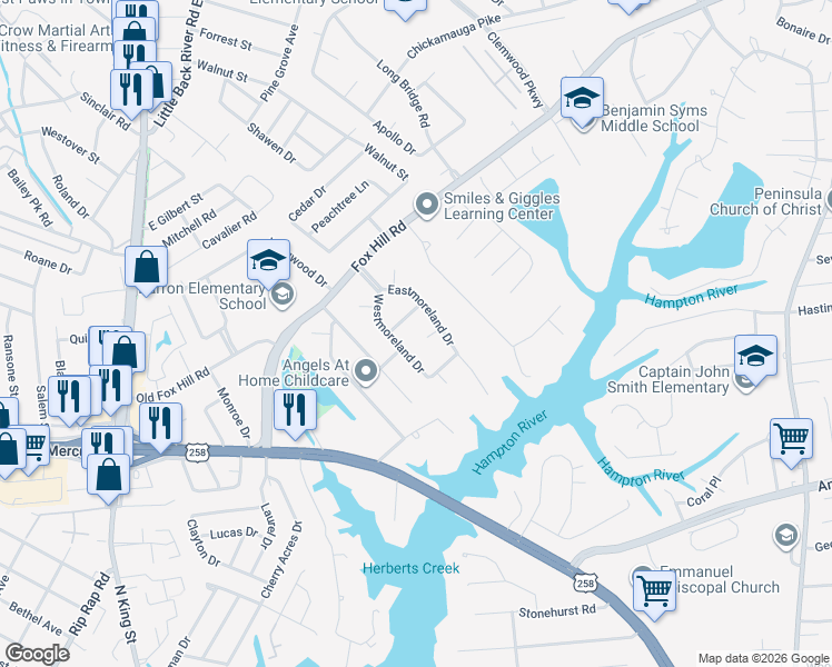 map of restaurants, bars, coffee shops, grocery stores, and more near 8 Surry Court in Hampton