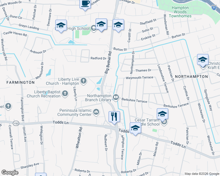 map of restaurants, bars, coffee shops, grocery stores, and more near 1018 Big Bethel Road in Hampton