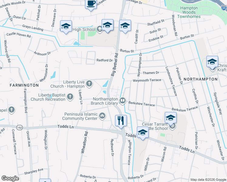 map of restaurants, bars, coffee shops, grocery stores, and more near 1018 Big Bethel Road in Hampton