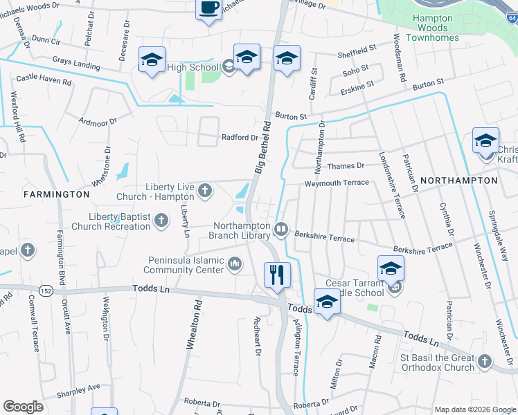 map of restaurants, bars, coffee shops, grocery stores, and more near 1018 Big Bethel Road in Hampton