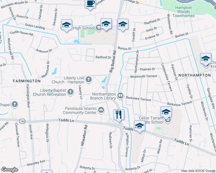 map of restaurants, bars, coffee shops, grocery stores, and more near 1018 Big Bethel Road in Hampton