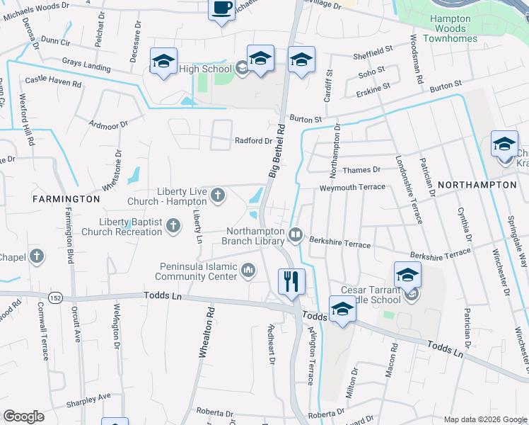 map of restaurants, bars, coffee shops, grocery stores, and more near 1018 Big Bethel Road in Hampton