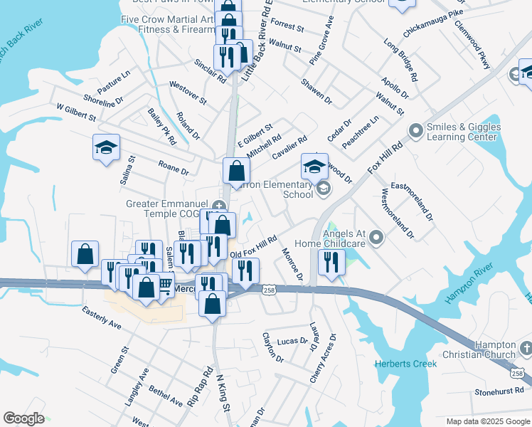 map of restaurants, bars, coffee shops, grocery stores, and more near 11 Longwood Drive in Hampton