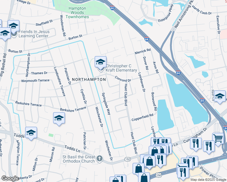 map of restaurants, bars, coffee shops, grocery stores, and more near 504 Blue Run Circle in Hampton