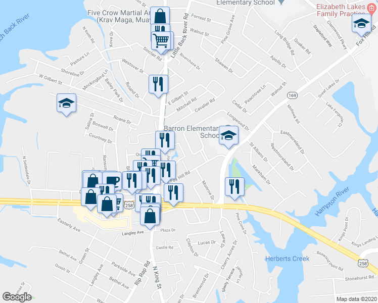 map of restaurants, bars, coffee shops, grocery stores, and more near 11 Longwood Drive in Hampton