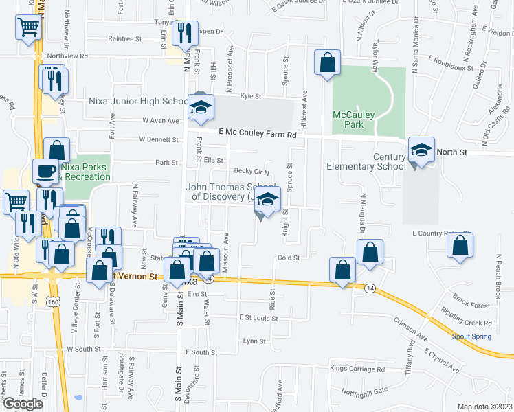 map of restaurants, bars, coffee shops, grocery stores, and more near 398 Cherry Street in Nixa