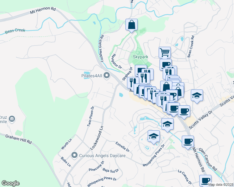 map of restaurants, bars, coffee shops, grocery stores, and more near 201 Lockewood Lane in Scotts Valley