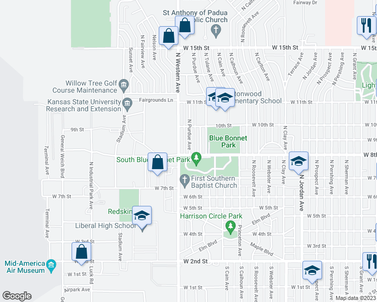 map of restaurants, bars, coffee shops, grocery stores, and more near 804 North Purdue Avenue in Liberal