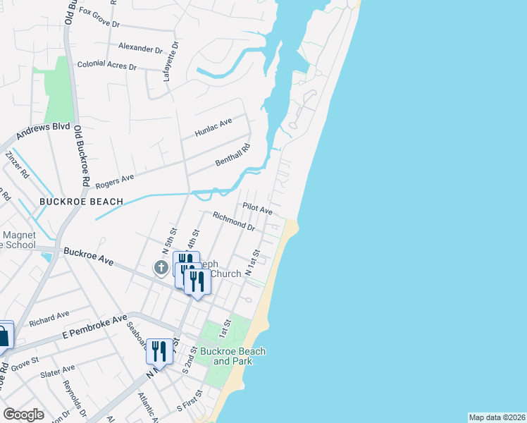 map of restaurants, bars, coffee shops, grocery stores, and more near 392 North 1st Street in Hampton