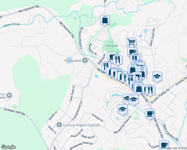 map of restaurants, bars, coffee shops, grocery stores, and more near 201 Lockewood Lane in Scotts Valley