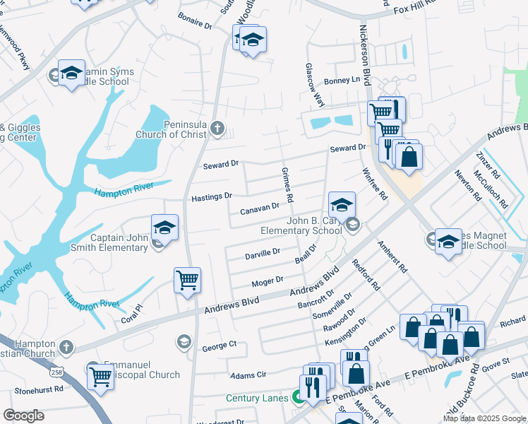 map of restaurants, bars, coffee shops, grocery stores, and more near 1514 Canavan Drive in Hampton