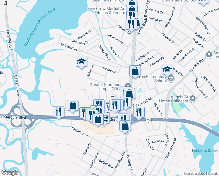 map of restaurants, bars, coffee shops, grocery stores, and more near 55 Bland Street in Hampton