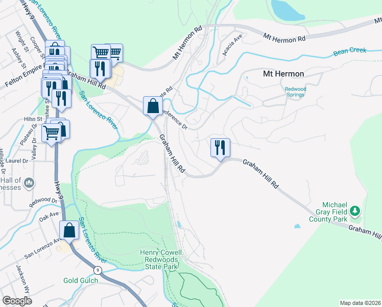 map of restaurants, bars, coffee shops, grocery stores, and more near 22 Grandview Avenue in Felton