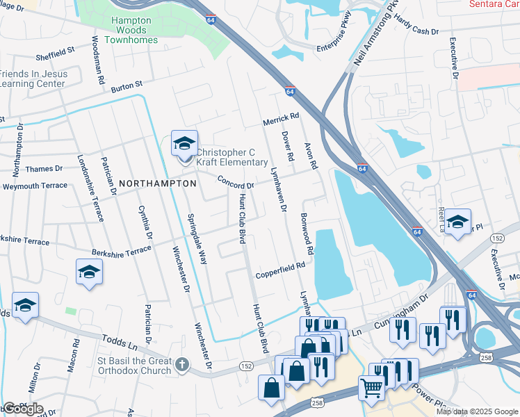 map of restaurants, bars, coffee shops, grocery stores, and more near 6 Beatrice Drive in Hampton