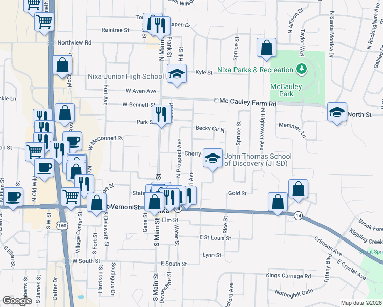 map of restaurants, bars, coffee shops, grocery stores, and more near 298 Cherry Street in Nixa