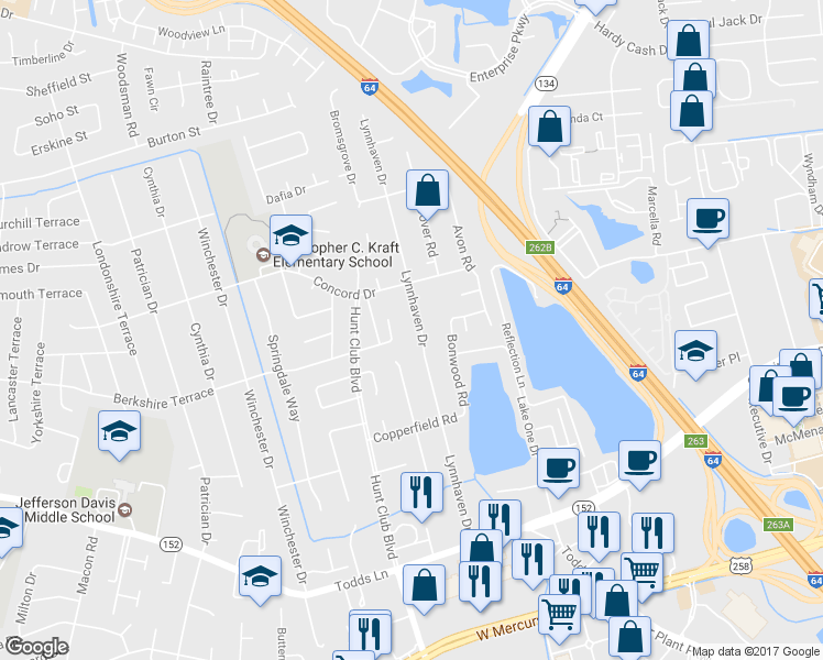 map of restaurants, bars, coffee shops, grocery stores, and more near 131 Lynnhaven Drive in Hampton