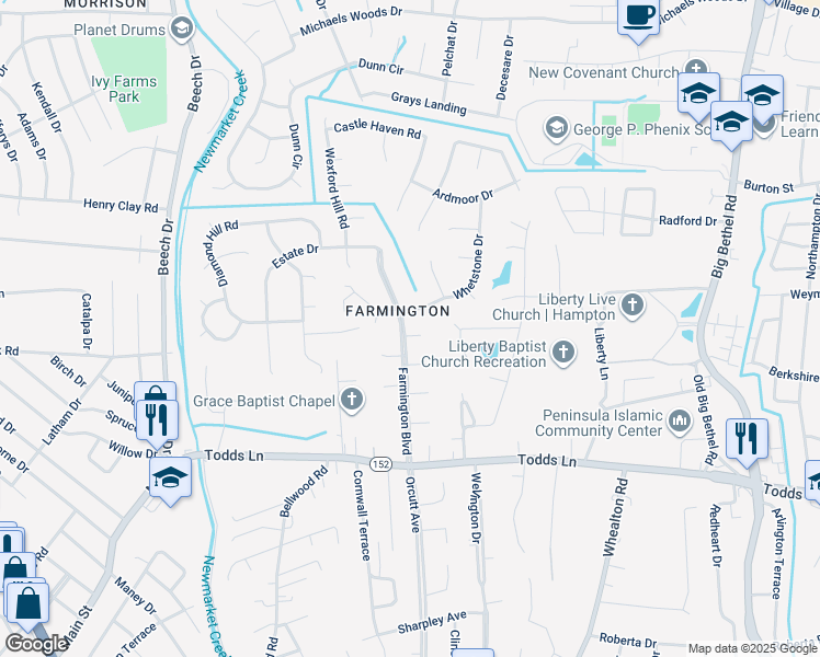 map of restaurants, bars, coffee shops, grocery stores, and more near 1 Springmeadow Court in Hampton