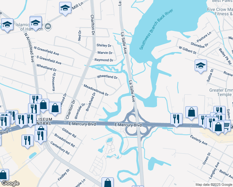 map of restaurants, bars, coffee shops, grocery stores, and more near 11 Meadowbrook Drive in Hampton