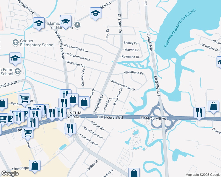 map of restaurants, bars, coffee shops, grocery stores, and more near 8 Commander Drive in Hampton