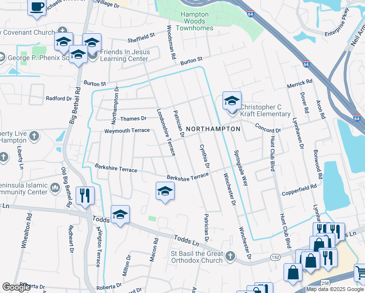 map of restaurants, bars, coffee shops, grocery stores, and more near 223 Patrician Drive in Hampton