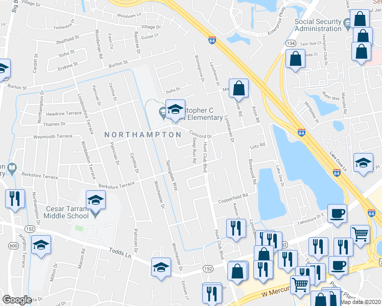 map of restaurants, bars, coffee shops, grocery stores, and more near 500 Blue Run Circle in Hampton