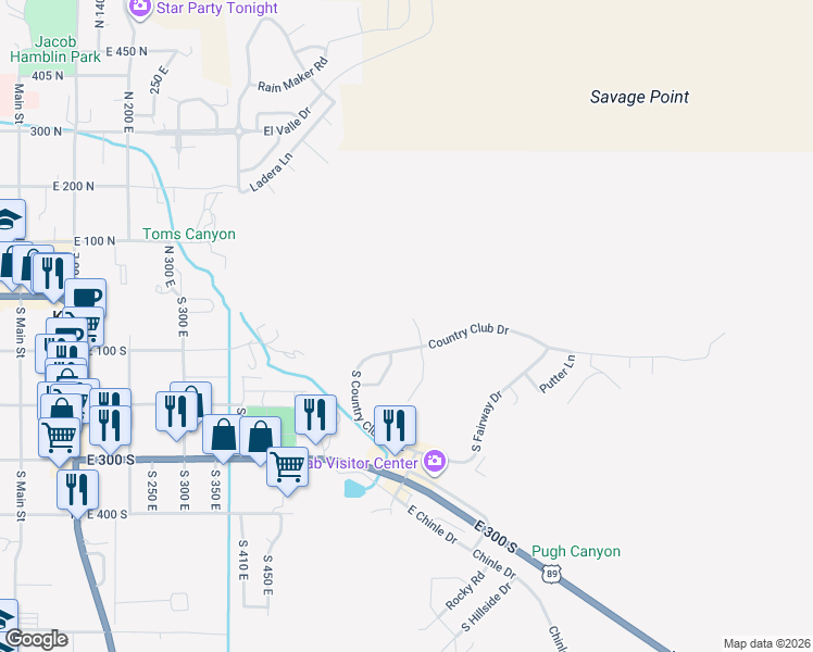 map of restaurants, bars, coffee shops, grocery stores, and more near 52 Pinion Rim in Kanab