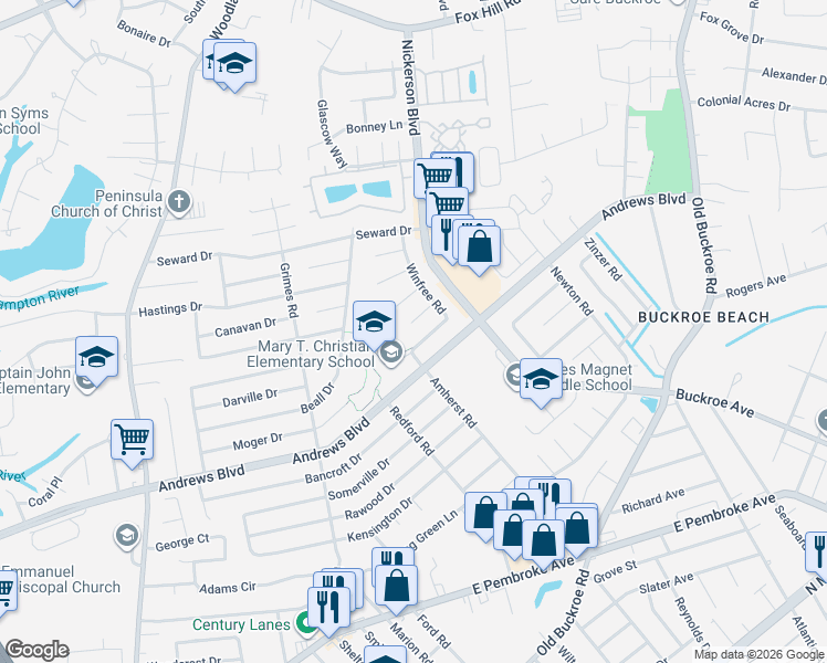 map of restaurants, bars, coffee shops, grocery stores, and more near 2005 Winfree Road in Hampton