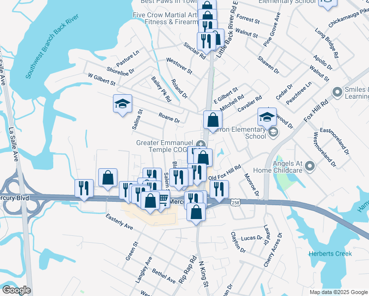 map of restaurants, bars, coffee shops, grocery stores, and more near 11 Quinn Street in Hampton