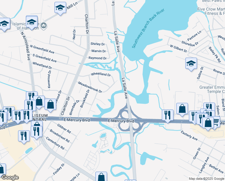 map of restaurants, bars, coffee shops, grocery stores, and more near 11 Meadowbrook Drive in Hampton