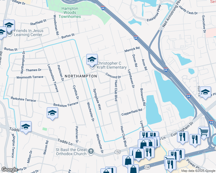 map of restaurants, bars, coffee shops, grocery stores, and more near 500 Blue Run Circle in Hampton