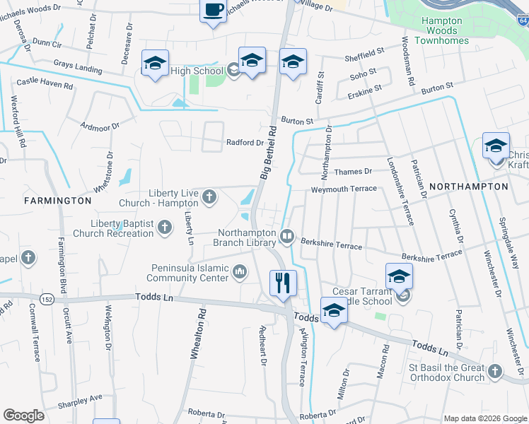 map of restaurants, bars, coffee shops, grocery stores, and more near 1018 Big Bethel Road in Hampton
