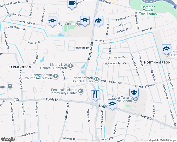map of restaurants, bars, coffee shops, grocery stores, and more near 1018 Big Bethel Road in Hampton