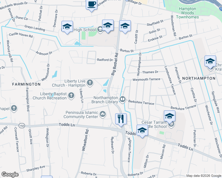 map of restaurants, bars, coffee shops, grocery stores, and more near 1018 Big Bethel Road in Hampton