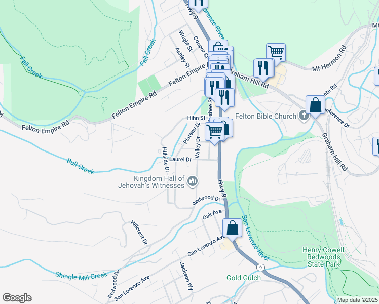 map of restaurants, bars, coffee shops, grocery stores, and more near 243 Ada Avenue in Felton