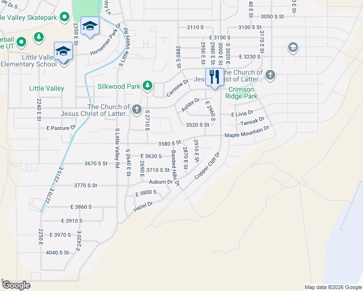 map of restaurants, bars, coffee shops, grocery stores, and more near 2832 East 3580 South in St. George