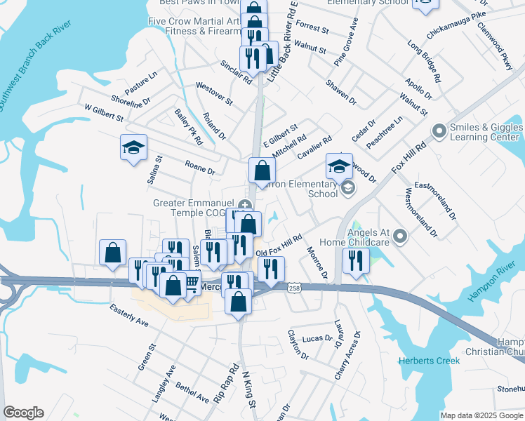 map of restaurants, bars, coffee shops, grocery stores, and more near 1022 Jonquil Lane in Hampton