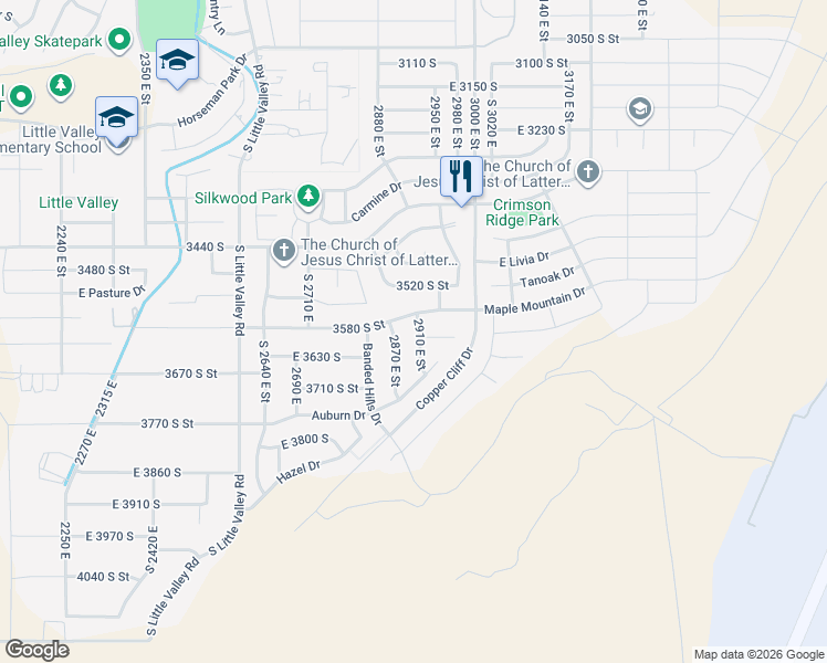 map of restaurants, bars, coffee shops, grocery stores, and more near 3606 South 2910 East in St. George