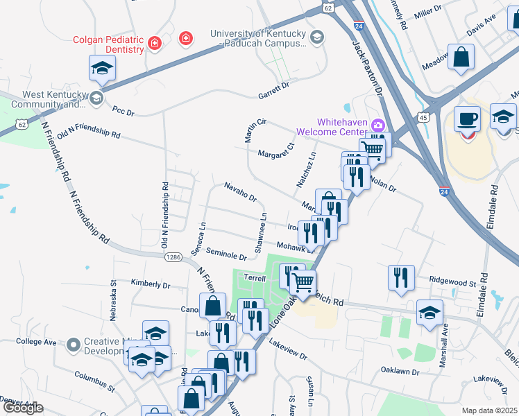 map of restaurants, bars, coffee shops, grocery stores, and more near 210 Iroquois Drive in Paducah