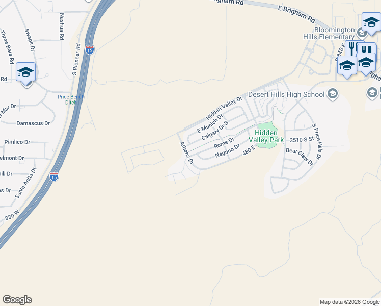 map of restaurants, bars, coffee shops, grocery stores, and more near 258 Nagano Drive in St. George