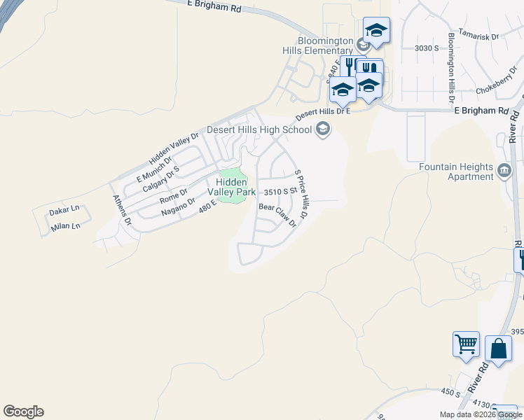 map of restaurants, bars, coffee shops, grocery stores, and more near 606 Bear Claw Drive in St. George