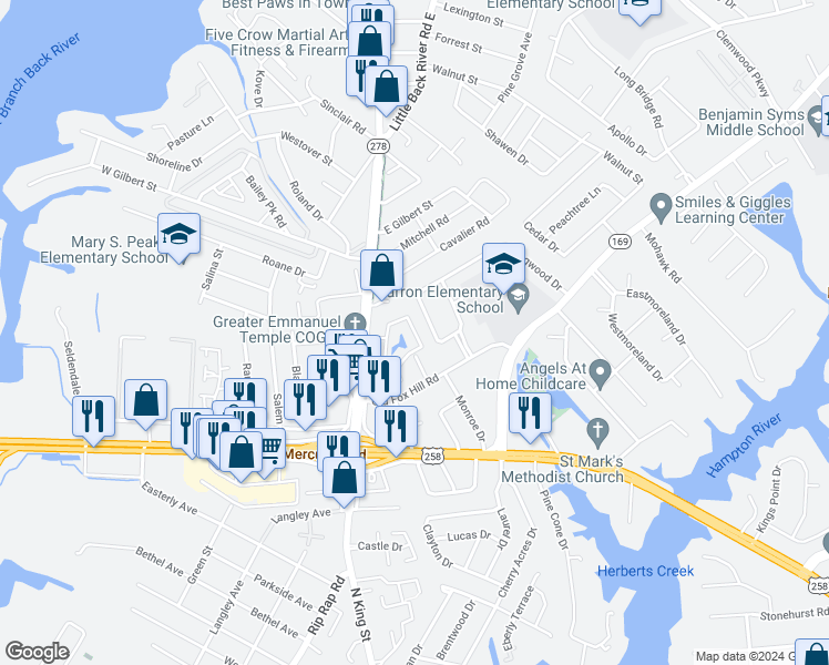 map of restaurants, bars, coffee shops, grocery stores, and more near 1022 Jonquil Lane in Hampton