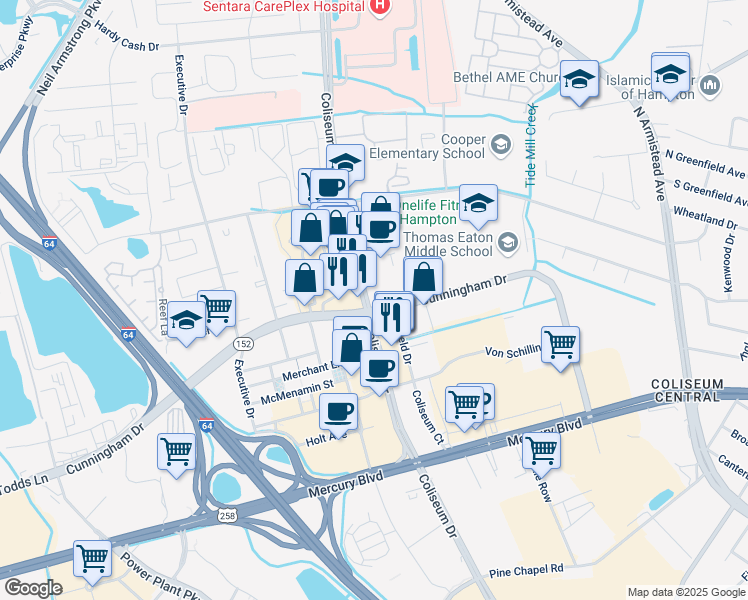 map of restaurants, bars, coffee shops, grocery stores, and more near 2166 Coliseum Drive in Hampton