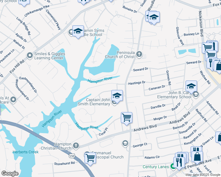 map of restaurants, bars, coffee shops, grocery stores, and more near 323 Beechmount Dr in Hampton