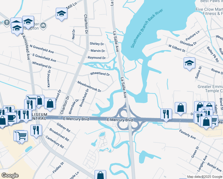 map of restaurants, bars, coffee shops, grocery stores, and more near 11 Meadowbrook Drive in Hampton