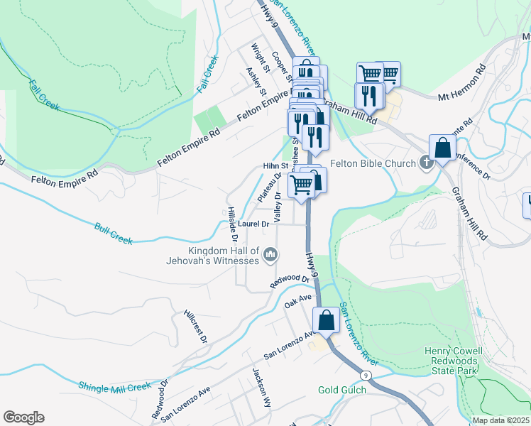 map of restaurants, bars, coffee shops, grocery stores, and more near 243 Ada Avenue in Felton