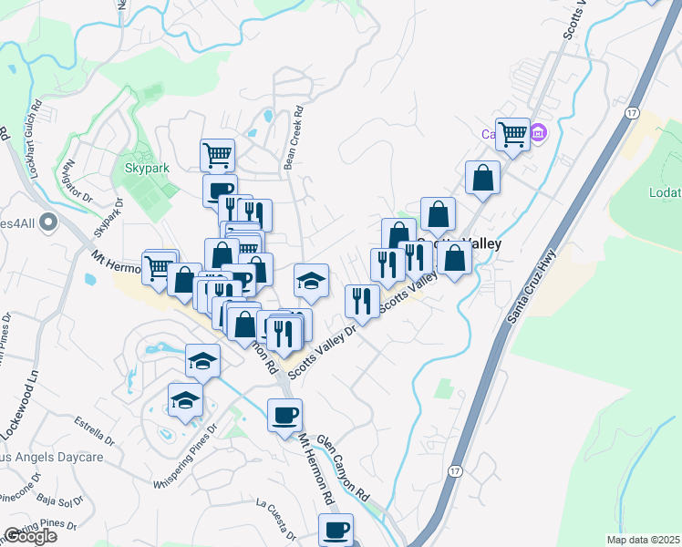 map of restaurants, bars, coffee shops, grocery stores, and more near 19 Tramell Way in Scotts Valley