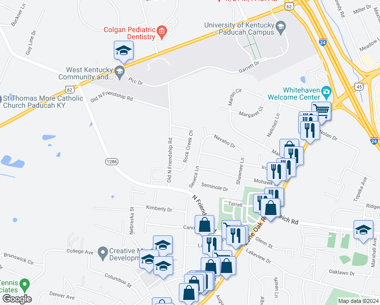 map of restaurants, bars, coffee shops, grocery stores, and more near 2300 Rock Creek Circle in Paducah