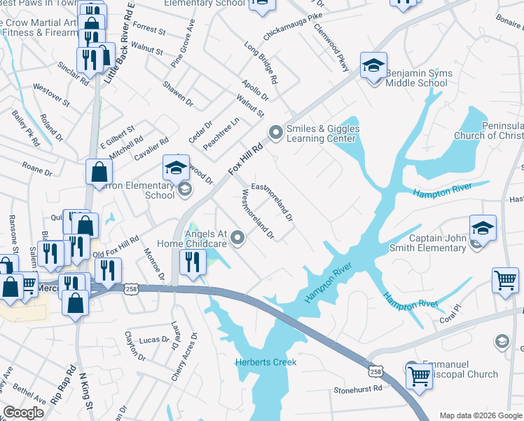 map of restaurants, bars, coffee shops, grocery stores, and more near 8 Surry Court in Hampton