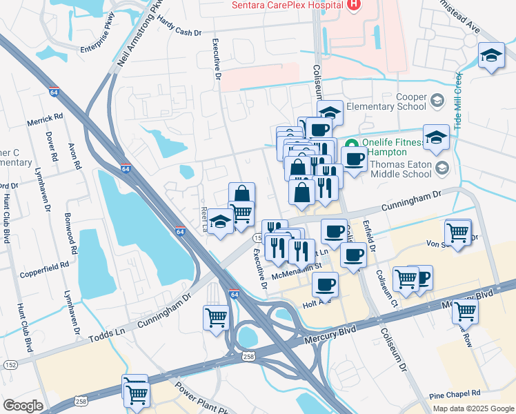 map of restaurants, bars, coffee shops, grocery stores, and more near 2106 Executive Drive in Hampton