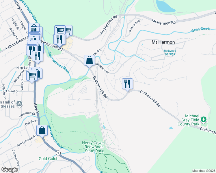 map of restaurants, bars, coffee shops, grocery stores, and more near 22 Grandview Avenue in Felton